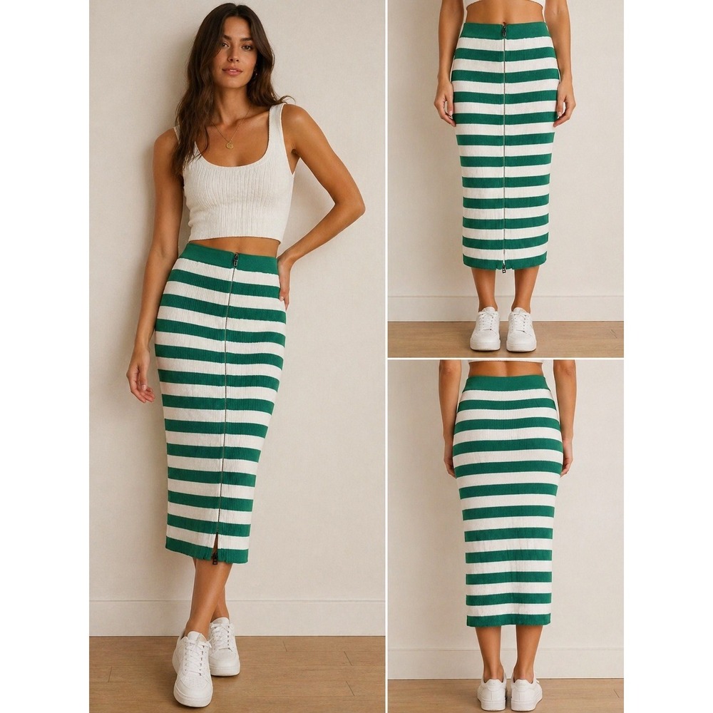 Anthropology Daily Practice Stripe Knit Midi Skirt Green White Zip Medium New
